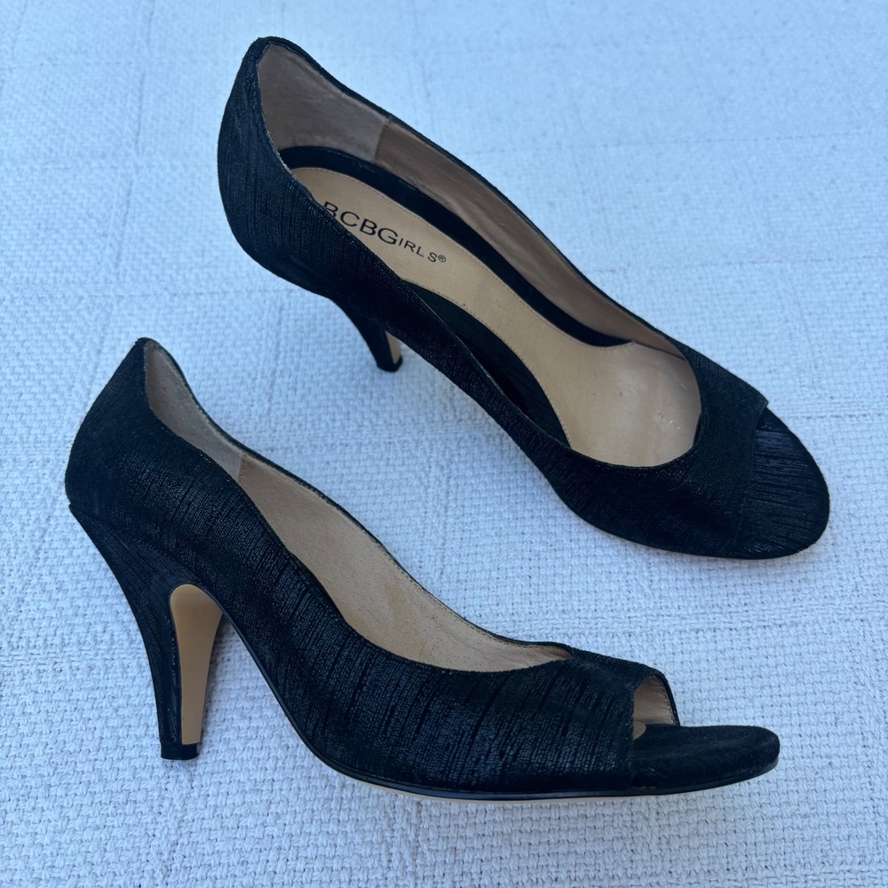 Women's 7.5 BCBGirls Y2K Black Metallic Peep Open Toe‎ Kitten Heels